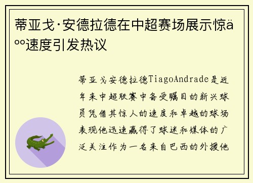 蒂亚戈·安德拉德在中超赛场展示惊人速度引发热议